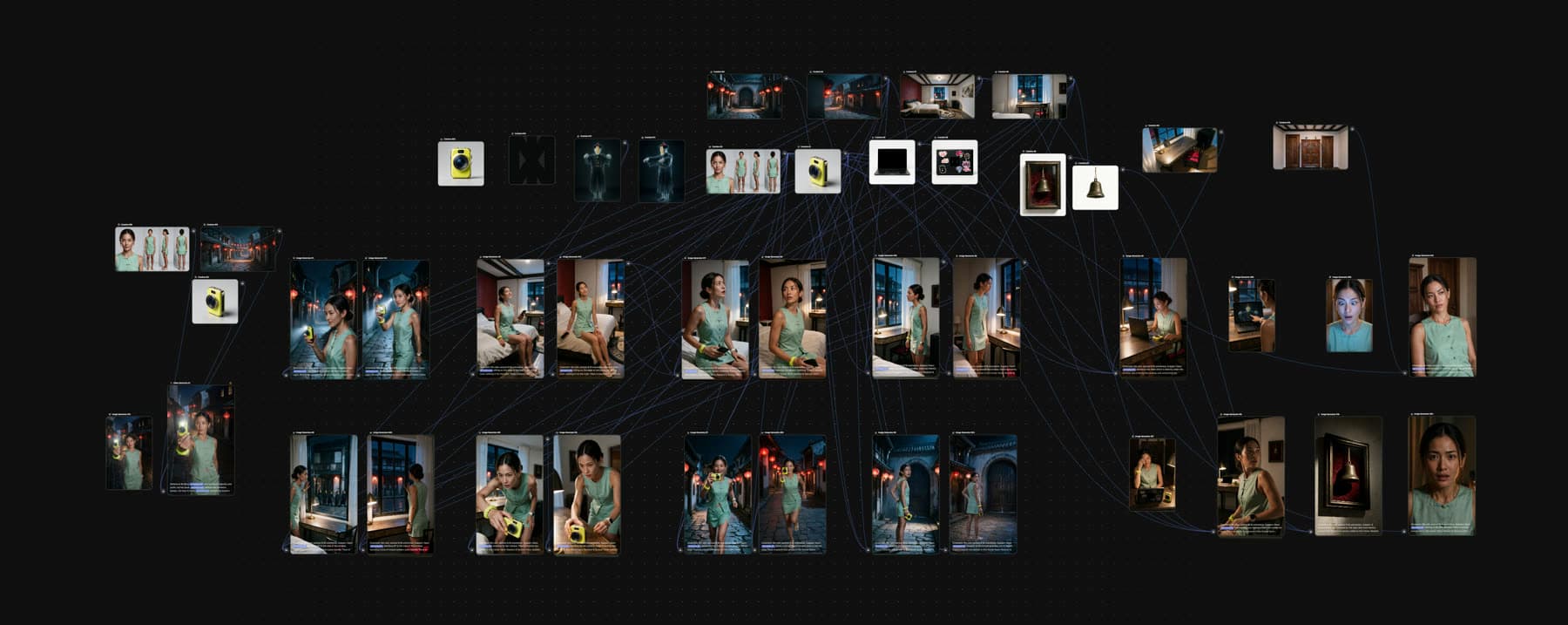 Node graph for a motion generation workflow, chaining reference images, audio, and staged prompts.